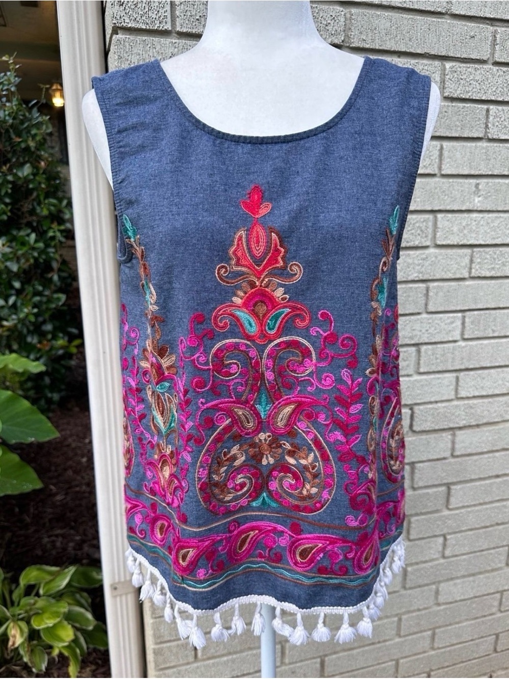 entro Embroidered Denim-Blue Tank with Pink & Teal Motifs